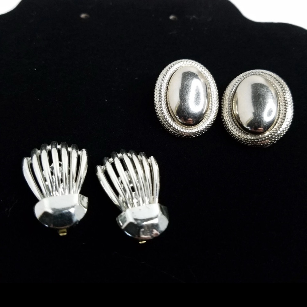 Vintage Clip-On Earrings Lot of 2 Silver Tone Oval & Fan Design Fashion Jewelry